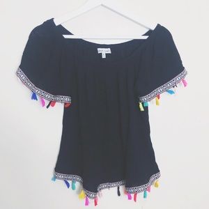 Self Esteem Off the Shoulder Colorful Tassels Top